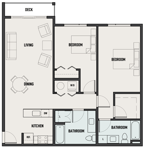 Floor plan for 2 beds, 2 baths, 1061 sqft